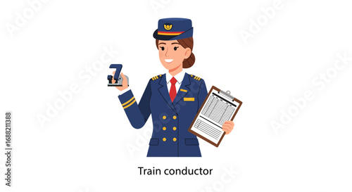 A cheerful female train conductor holding a clipboard and ticket in uniform, representing transportation