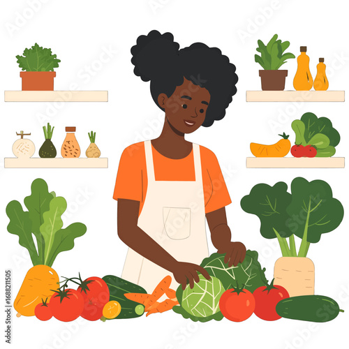 Dark Skinned Woman in Apron Surrounded by Fresh Vegetables on a Table with Floating Shelves Holding Plants and Oils in Bright Indoor Lighting
