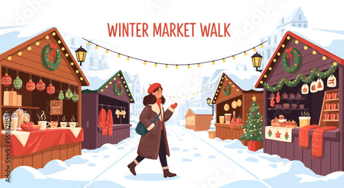 A person strolls through a festive outdoor winter market, featuring charming stalls adorned with holiday lights and wreaths, set against a beautiful snowy seasonal backdrop