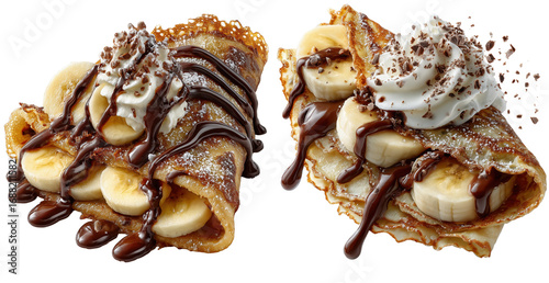 Delicious banana crepes topped with chocolate sauce and whipped cream create tempting dessert experience. combination of flavors and textures makes this dish irresistible
