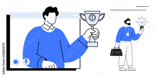 Man holding trophy in video call window symbolizing success second figure with lightbulb and briefcase portrays innovation. Ideal for leadership, achievement, remote work, career, motivation, growth