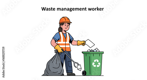 Illustration of a female waste management professional in uniform with safety gear, sorting garbage for recycling