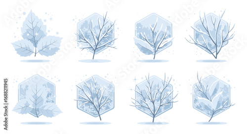 A delicate collection of watercolor winter illustrations featuring frosty trees and leaves within light blue hexagonal frames