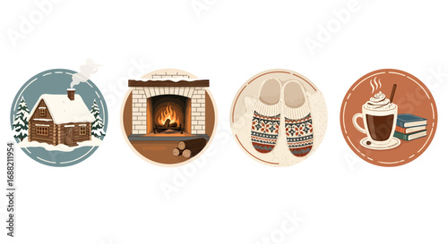 Collection of circular icons illustrating a cozy winter theme with a snowy cabin, warm fireplace, slippers, and hot cocoa