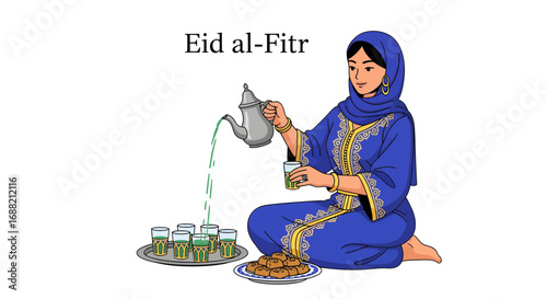 A gracious hostess in traditional Islamic attire preparing a festive tea service, embodying the spirit of cultural celebration and hospitality