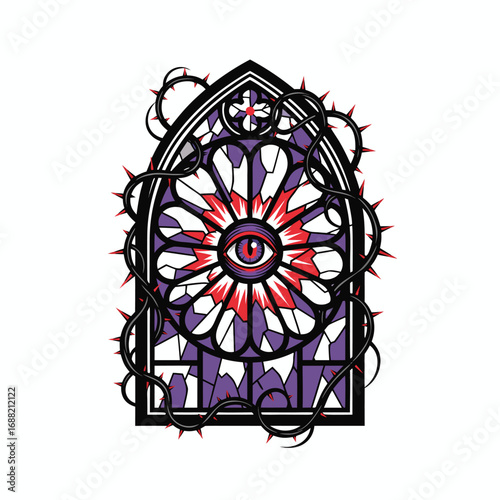 A stylized rose window with an eye and thorns, symbolizing observation.