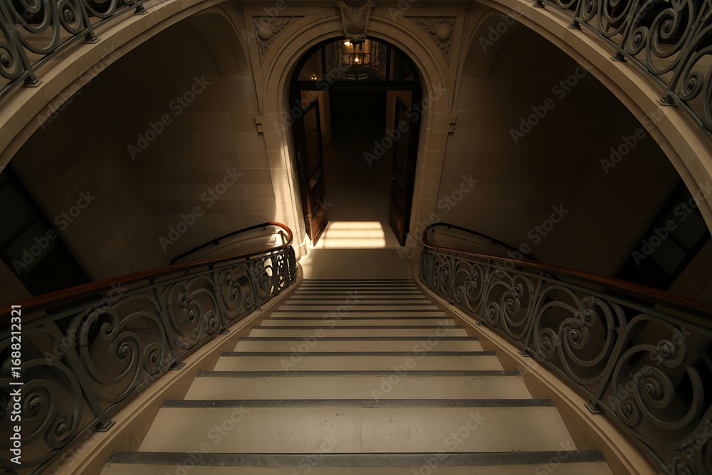 Fototapeta premium Dramatic perspective of a long grand staircase leading up to a bright light at the top