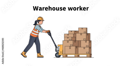 Illustration of a dedicated warehouse worker skillfully maneuvering a pallet jack loaded with boxes