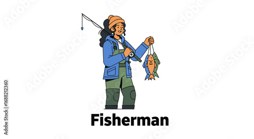 Illustration of a woman in waders holding a fishing rod and her fresh catch. Outdoor hobby and recreation concept