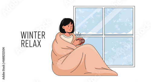 Winter Relax Cozy Woman Enjoying Warm Beverage by Snowy Window, Wrapped in Blanket