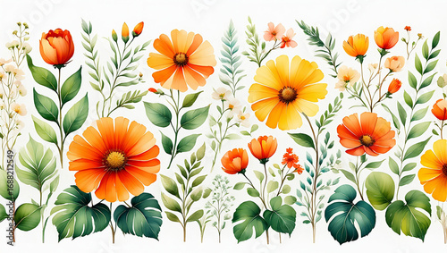 Assortment Of Colorful Orange And Yellow Flowers With Green Leaves floral garden