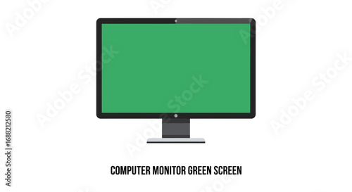 Modern flat design computer monitor with a chroma key green screen, perfect for video production mockups and content placement on a white background
