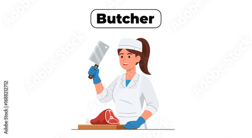 A professional female butcher character in a white uniform and hat holding a meat cleaver, preparing a fresh cut of raw meat on a cutting board