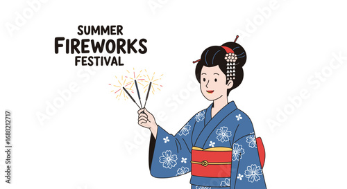 Elegant Japanese woman in a vibrant kimono celebrating a festive summer night with dazzling sparklers