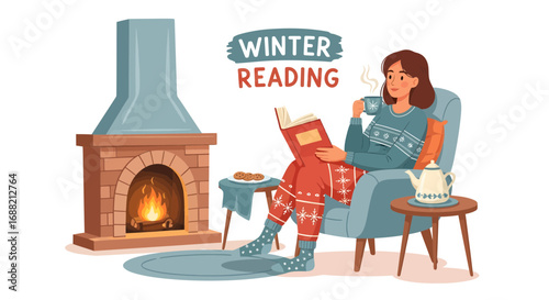 Cozy winter reading by the fireplace with hot beverage and warm blanket
