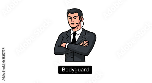 Professional bodyguard in a suit with arms crossed, wearing an earpiece, ready for duty