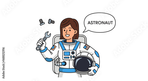 Astronaut Woman Cartoon Character Fixing Space Suit with Wrench and Helmet Illustration