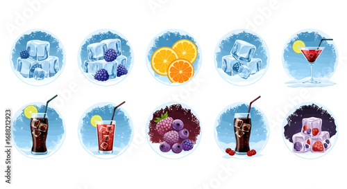 A vibrant collection of summer-themed icons featuring refreshing iced drinks, fruit slices, and cool ice cubes for beverage promotions