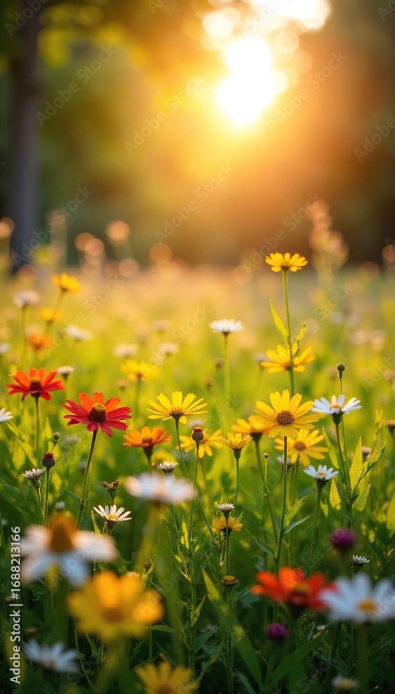 Fototapeta premium Golden hour sunlight bathes a vibrant summer meadow in warmth, wildflowers swaying gently in a soft breeze Perfect for idyllic summer, nature, and seasonal themes , wild, outdoors, meadow