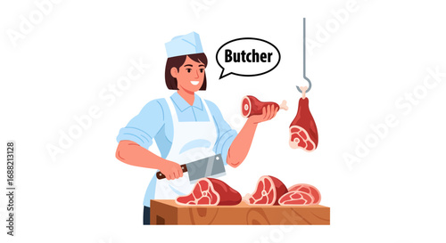 Smiling woman butcher in uniform preparing beef and pork on a wooden block at a meat market shop