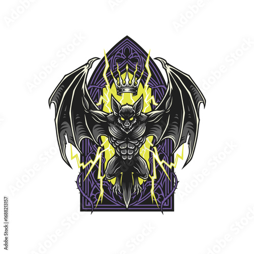 Gargoyle creature with wings, crown, and lightning bolts in gothic style.