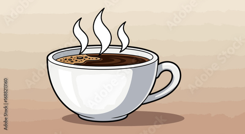 A simple vector drawing of a hot steaming cup of black coffee or tea in a white ceramic mug, depicted in a clean cartoon style on a brown background