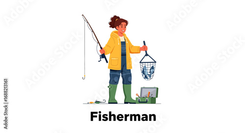 Cartoon illustration of a female angler in a yellow raincoat holding a fishing rod and a net with her catch, isolated on a white background