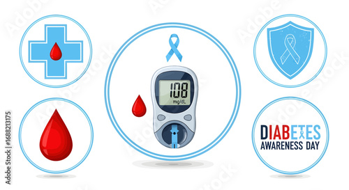Comprehensive vector icon set for diabetes awareness, featuring blood glucose monitoring and medical symbols