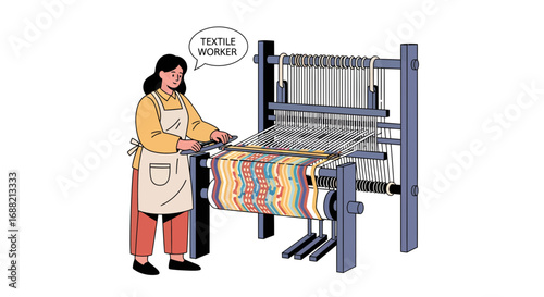 Vector illustration of a female artisan working at a traditional wooden loom, weaving a colorful textile. Craftswoman at work