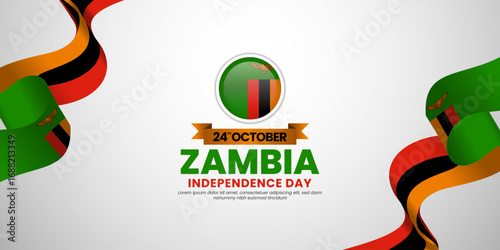 Zambia independence day greeting card, square banner background with warving ribbon flag