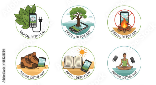 A collection of icons promoting screen-free activities for wellness, mindfulness, and a healthy digital detox