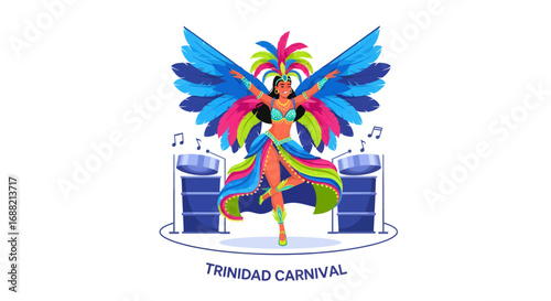 Vibrant vector illustration of a Caribbean carnival dancer with colorful feathers and steelpan drums