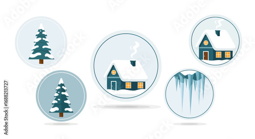 A charming collection of circular winter season icons, featuring a cozy snowy cottage, evergreen trees, and frosty icicles. Vector graphic set for holiday design