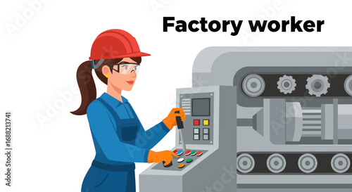 Skilled female operator in safety gear programming and managing an automated industrial production line machine