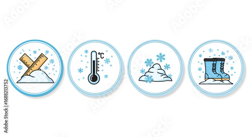 A set of four linear style icons representing winter themes such as cold weather, snow, ice skating, and winter sports activities