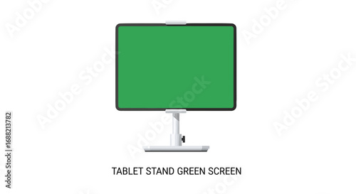 Modern digital tablet with a blank chroma key green screen on an adjustable white stand, isolated on a white background for mockup