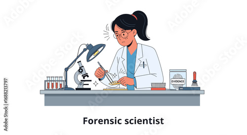 A dedicated female forensic investigator meticulously analyzing crime scene evidence with a microscope and tools in a laboratory setting