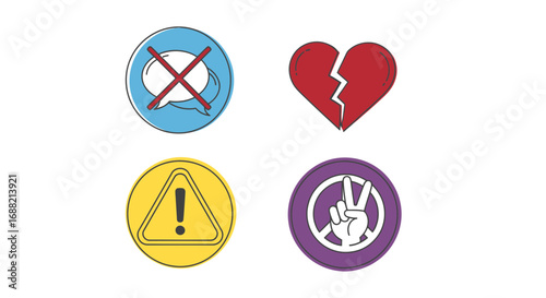 Set of four colorful circular icons illustrating concepts of censorship, heartbreak, cautionary alerts, and peace gestures in a clean vector style