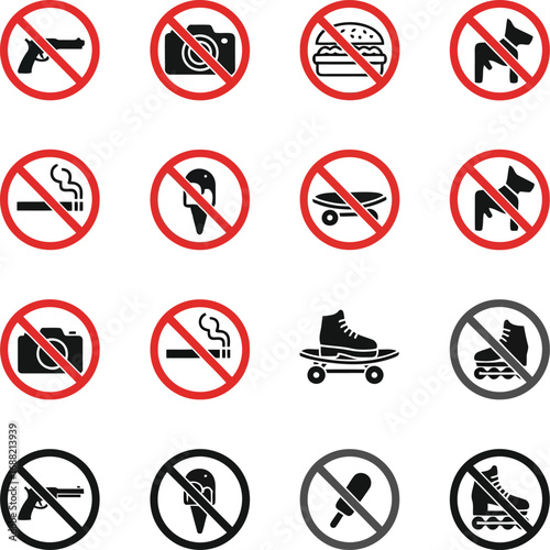 Collection of prohibition signs and symbols for safety and regulations vector