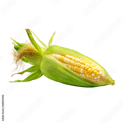 Fresh, vibrant ear of corn with bright yellow and white kernels, perfect for summer recipes and healthy eating