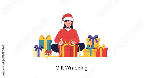 Festive holiday illustration of a woman sitting and carefully wrapping presents with beautiful ribbons and bows for Christmas