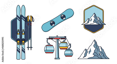 Set of winter sports elements skis, snowboard, cable car, and mountain range illustrations