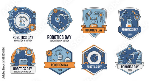 A collection of modern line art emblems representing innovation in robotics, automation, and engineering science