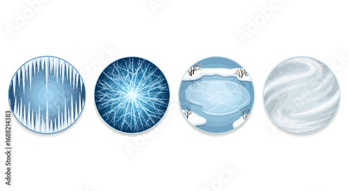 Four circular icons representing different winter or cold weather themes with ice, frost, and snow textures