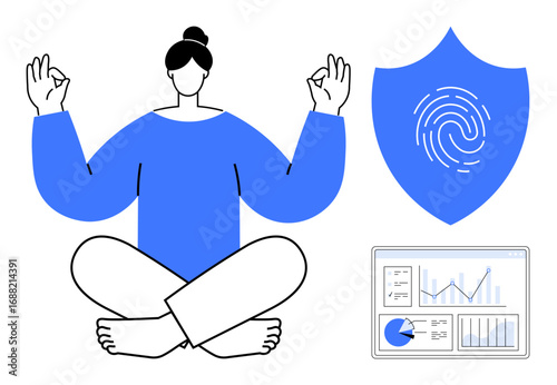 Woman meditating, fingerprint shield symbolizing cybersecurity, and analytics dashboard showing data. Ideal for mindfulness, cybersecurity, data analysis, wellness apps, technology, leadership