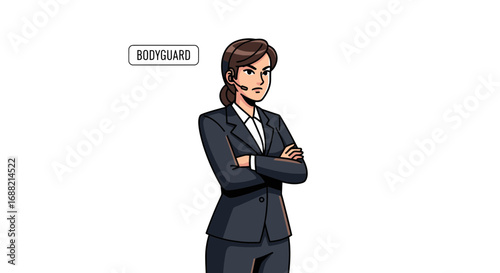 Vigilant female bodyguard in a sharp business suit, maintaining a watchful stance with her arms crossed and a communication earpiece