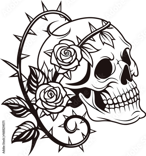 Tattoo design featuring a skull surrounded by roses and thorns