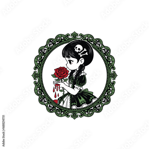 Gothic anime girl holding a bleeding rose within an ornate frame. period.