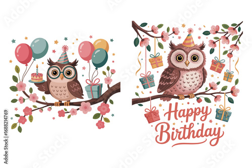 Birthday Owl Vector Clipart Illustration, Colorful Birthday Clipart Bundle | Cute Party Elements, Balloons, Cake, Gifts, Kids Celebration Illustrations, Vector Design for Invitations & Cards