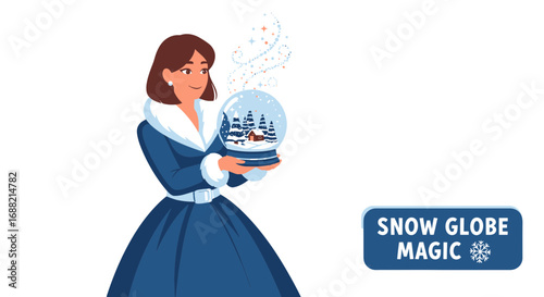 A charming woman in a blue dress creating winter magic inside a festive glass snow globe souvenir